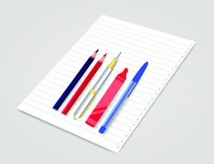 Colorful pens and pencils with paper