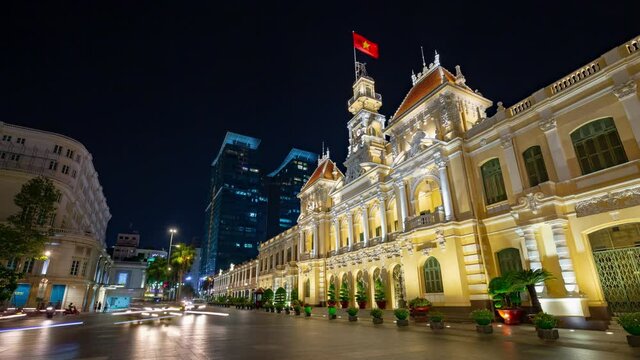 night illumination ho chi minh city famous building square panorama 4k vietnam
