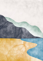 Abstrakter zeitgenössischer ästhetischer Hintergrund mit Berglandschaft. Boho-Wanddekoration. Minimalistisches Design. Vektor-Hintergrund-Illustration. © Kebon doodle