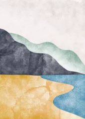 Abstrakter zeitgenössischer ästhetischer Hintergrund mit Berglandschaft. Boho-Wanddekoration. Minimalistisches Design. Vektor-Hintergrund-Illustration. © Kebon doodle