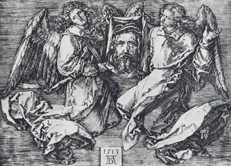 BERNOLAKOVO, SLOVAKIA, DECEMBER 29, 2016: The Lithography of Holy Face of Jesus among the angels by...