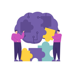 a teamwork concept, form a mindset, solve a problem. illustration of a team or partner trying to attach a puzzle piece to a brain. solutions and ideas. flat style. vector design element