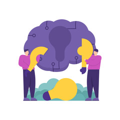a teamwork concept, form a mindset, solve a problem. illustration of a team or partner trying to attach a puzzle piece in the shape of a lamp to a brain. solutions and ideas. flat style. vector design