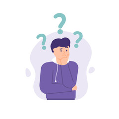 a man holds his chin and is thinking or confused. ask questions for answers. concept of FAQ or Frequently Asked Questions, people and question marks. flat style. vector design