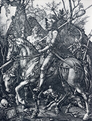 BERNOLAKOVO, SLOVAKIA, DECEMBER 29, 2016: The lithography Four Horsemen of the Apocalypse by Albert Dürer (1513) printed in Germany (1928).