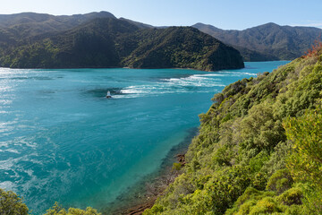 Strong outgoing tide at Te Aumiti French Pass which separates D'Urville Island from the South Island, New Zealand. The tidal flow at French Pass is the strongest in New Zealand.