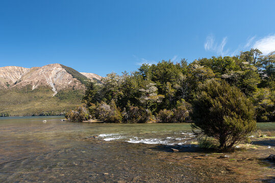 The source of the Buller River as it flows out of Lake Rotoiti, Nelson Lakes National Park, New Zealand. 