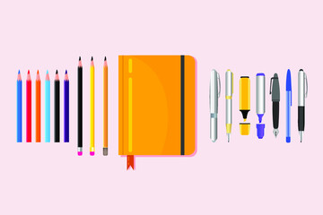 Flat notebook with colorful pencils and pens