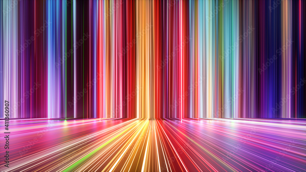Wall mural 3d render, abstract background with colorful spectrum. bright neon rays and glowing lines.