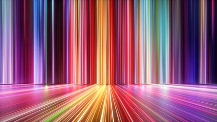 Gordijnen 3D render, abstracte achtergrond met kleurrijke spectrum. Heldere neonstralen en gloeiende lijnen. © NeoLeo