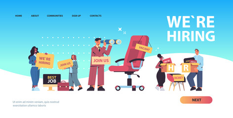 set mix race hr managers holding we are hiring join us posters vacancy open recruitment human resources concept horizontal full length copy space vector illustration