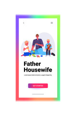 young father playing with little children at home fatherhood parenting concept dad spending time with his kids full length copy space vertical vector illustration
