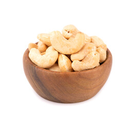 Cashew nuts in wooden bowl, isolated on white background. Roasted cashew nuts.