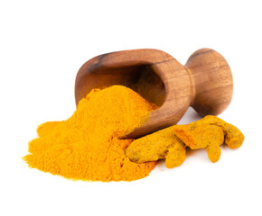 Dry turmeric powder in wooden scoop, isolated on white background. Curcuma longa linn.
