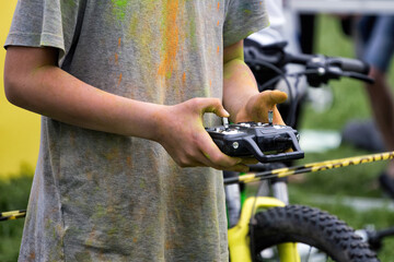 Operating a drone with a remote control radio system.