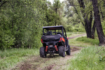 A cross country quad bike going thru a forest at high speed.