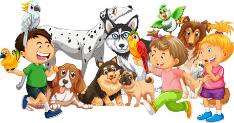 Obraz na płótnie Canvas Group of children with their dogs on white background