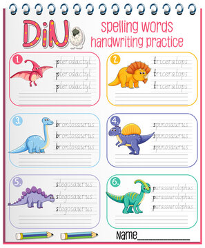 Set of spelling words dinosaur handwriting practice worksheet