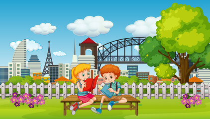 Obraz na płótnie Canvas Scene with two children reading book in the park