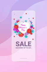 womens day 8 march holiday special offer shopping sale banner flyer or greeting card with flowers vertical vector illustration