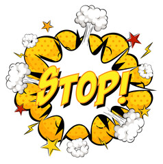 STOP text on comic cloud explosion isolated on white background
