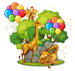 Many giraffes in party theme in nature forest background isolated