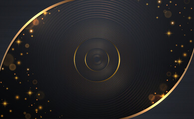 abstract circle lines pattern and golden glitters with curve frame on drak background. Vector illustration