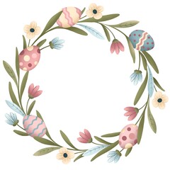 Easter wreath with spring flowers and Easter eggs. spring holiday illustration