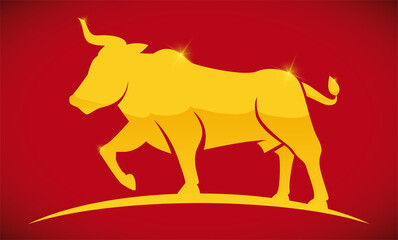 Golden ox or bull silhouette over red background, Vector Illustration