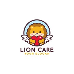Cute Lion Hugging Heart Care Logo Mascot Baby Shop