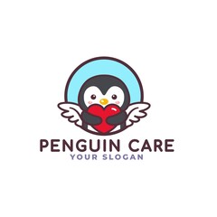 Cute Penguin Bird Hugging Heart Care Logo Mascot Baby Shop