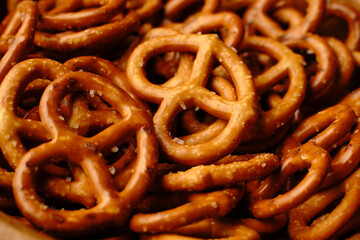 Salty snack for beer pretzels with salt. Closeup
