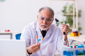 Old male scientist studying molecular model
