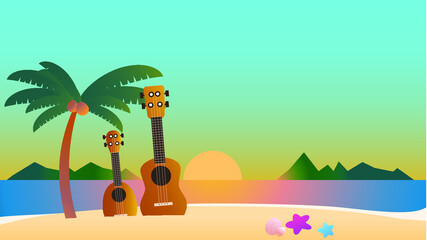 Ukulele on beautiful peaceful sunset beach