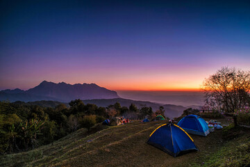 Camping tents on the hill at San Pa Kia, Doi Mae Ta Man viewpoint located , Chiang mai, Thailand.