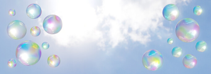 Bubbles_Soap bubbles_blue sky_fly_Rainbow-colored_cloud_3D_7500×2640