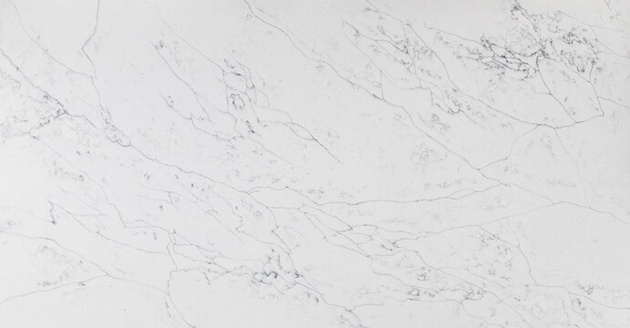 A marble looking quartz slab that has an off-white base with cool-toned grey thin veins in scattered directions