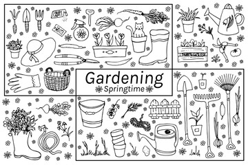 Set  hand drawn vector isolated elements. Gardening. Springtime.  Illustration of a garden tools, plants, flowers, vegetables.