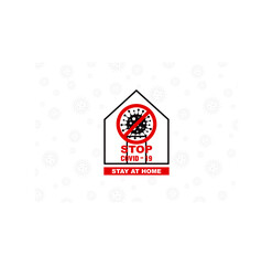 Stop COVID-19 sign. Stay home concept, warning sign with coronavirus symbols over white background and world map, vector illustration