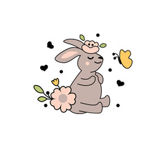 Cute bunny with pink flowers and butterfly. Spring and Easter vector illustration.