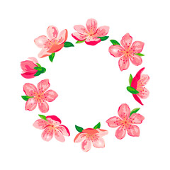 Fototapeta na wymiar Blossom sakura, cherry flowers wreath. Place for text. Great for spring sale, oriental invite, flyer, beauty offer, wedding, bridal shower, poster, baby shower, Mother's and Women's day. Vector.