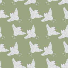 Simple hand drawn seamless pattern with grey birds ornament. Green olive background.