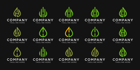 Set of monogram letter H with oil and leaf vector logo design for business