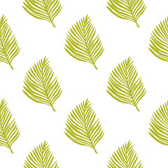 Isolated tropic foliage seamless pattern with green simple fern leaf ornament. White background.