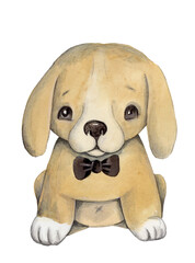 Cute little yellow dog, doggy, puppy. Watercolor hand drawn art, illustration, icon, card, poster for children. Isolated on white background.