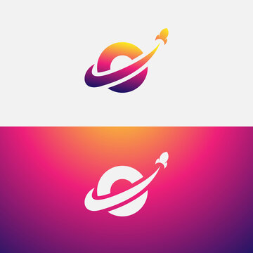 Abstract logo outer space theme. gradient monogram design space and rocket icon.