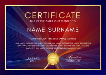 Certificate template with Guilloche pattern (lines), frame border and gold medal. Blue and red background for Diploma, deed, certificate of appreciation, achievement, attendance, award plaque design - obrazy, fototapety, plakaty