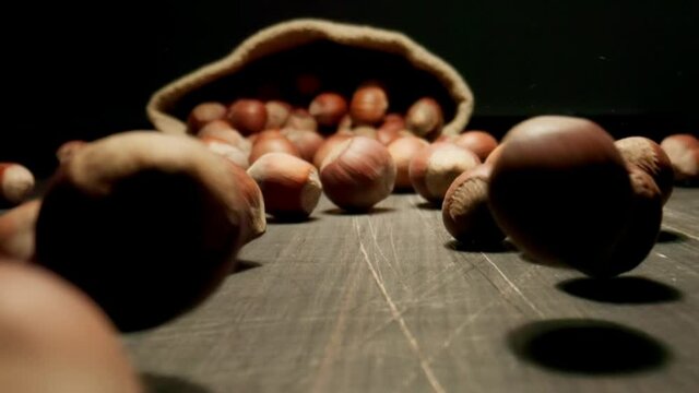 Unpeeled hazelnuts fall out from cloth sac on a wooden table. Slow motion