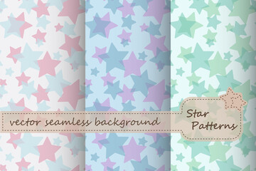 Seamless pattern. Stars of different sizes isolated on white background. Shades of green, blue and pink. Vector illustration. 