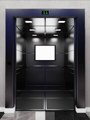 Empty elevator cabin with blank LED screen. 3D illustration